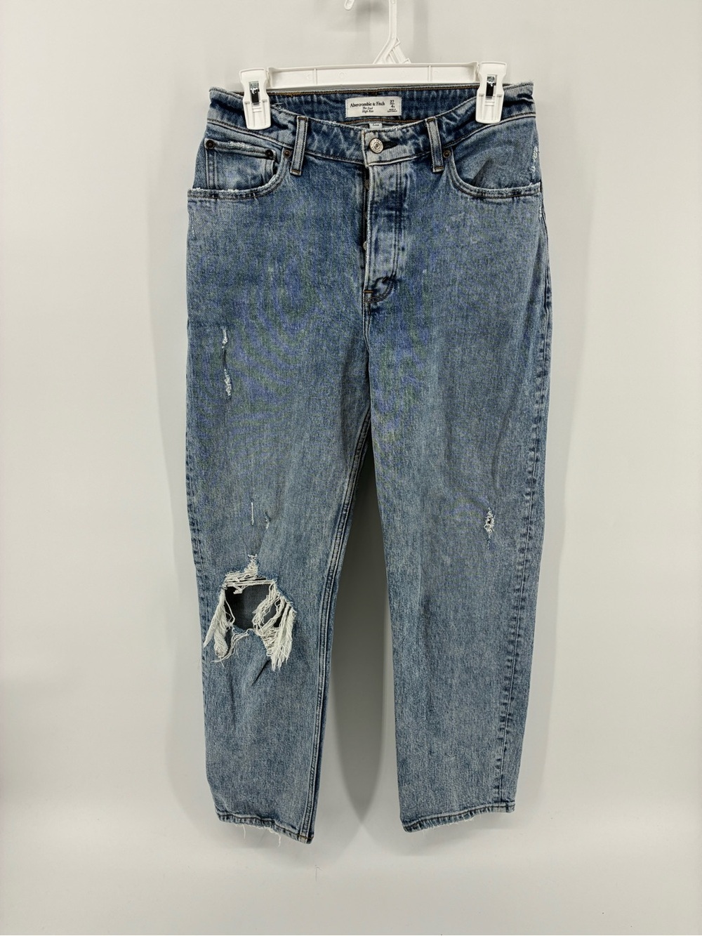 Abercrombie & Fitch The Dad High Rise Distressed Blue Jeans Ripped Knee Denim
